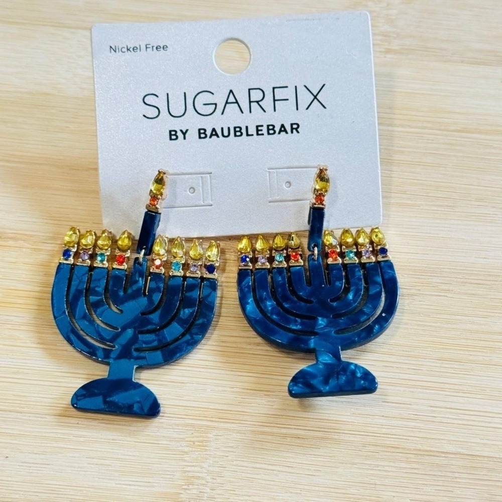 Sugarfix by Baublebar Hanukkah Menorah Candle Earrings NWT Blue Colorful Jeweled